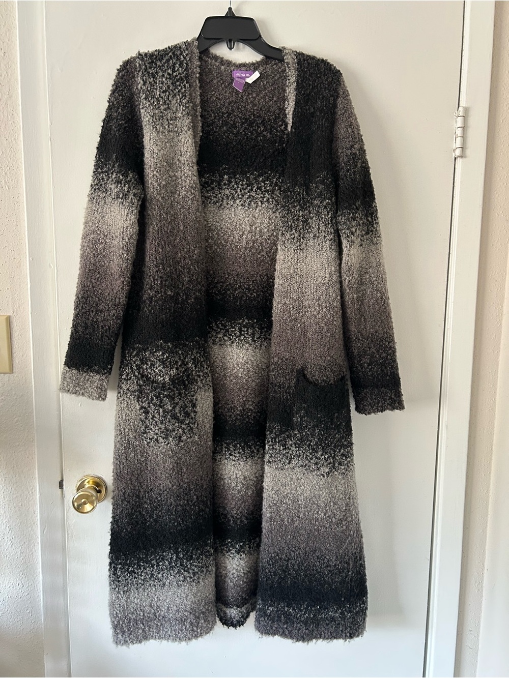 Grunge 90s Longline Duster Womens L Black Gray Ombre Chunky Knit Boucle Pockets